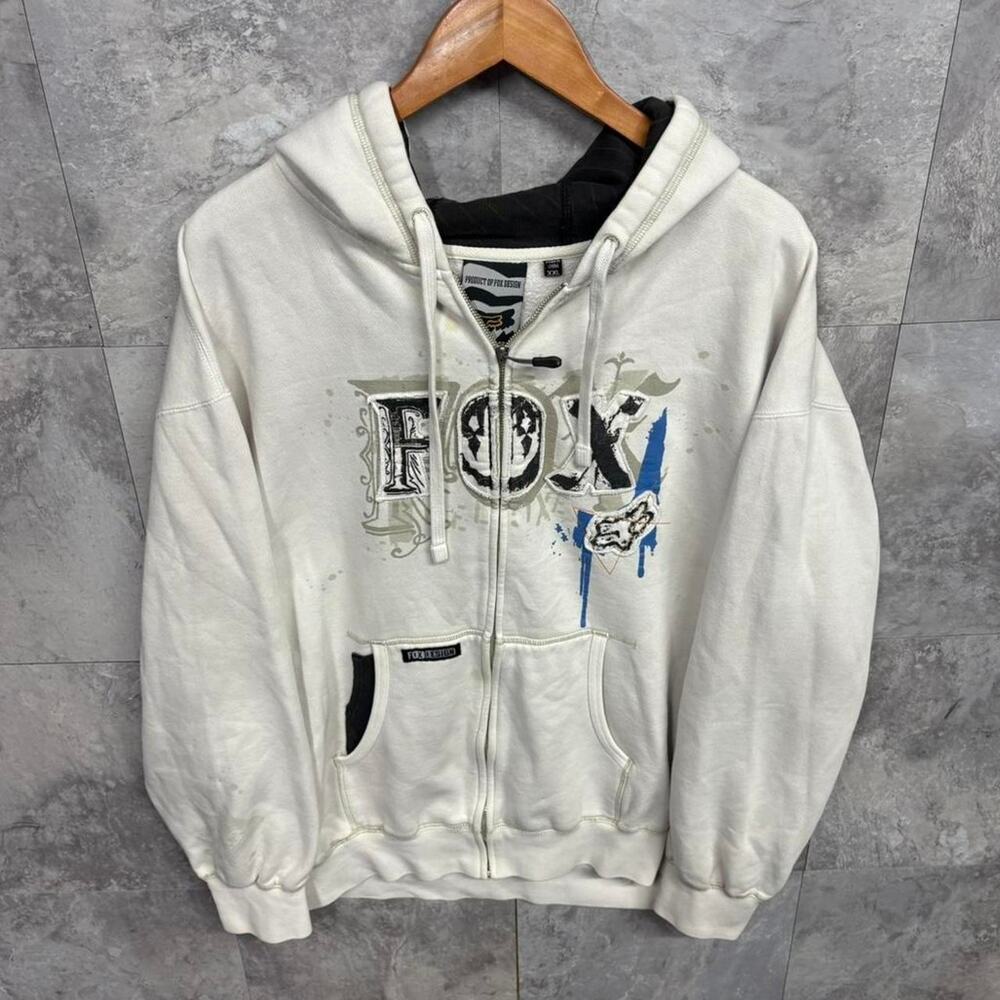 Grail Vintage Y2K Fox Racing Sasquatch Hoodie Embroidered White Blue Skater XXL